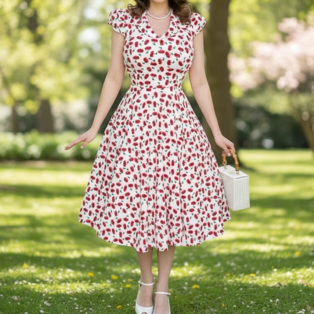 New Hearts & Roses Cherry Print Pinup Rockabilly Swing Dress SZ 12 White + Red